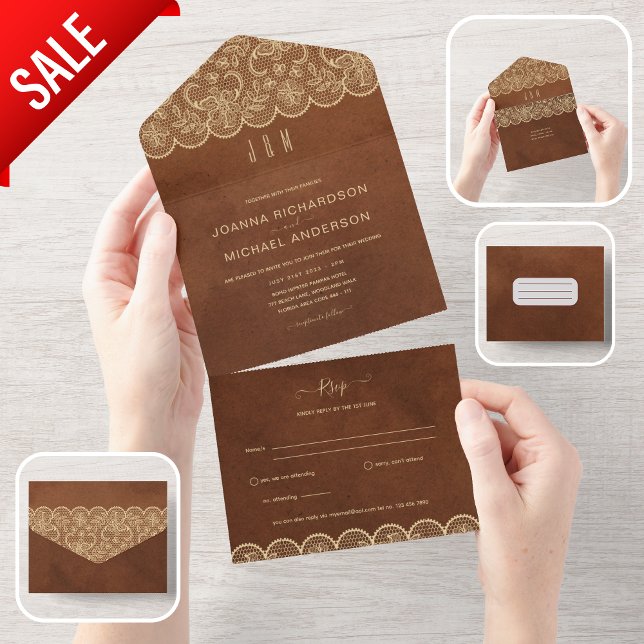 All In One Rustic Gold Lace Wedding with RSVP All In One Invitation (Creator Uploaded)