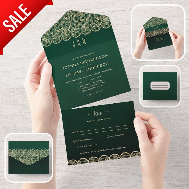 All In One Rustic Green Lace Wedding with RSVP All In One Invitation (Creator Uploaded)