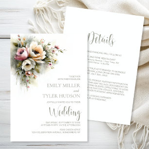 All in One Rustic Pink and Orange Floral Wedding Invitation