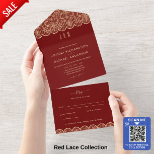 All In One Rustic Red Gold Lace Wedding with RSVP Invitation
