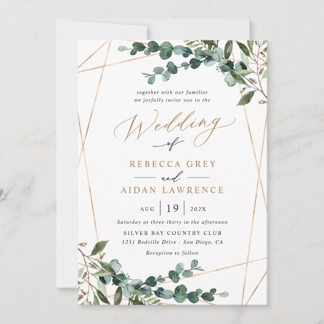 All-In-One Rustic Watercolor Gold Greenery Wedding Invitation (Front)