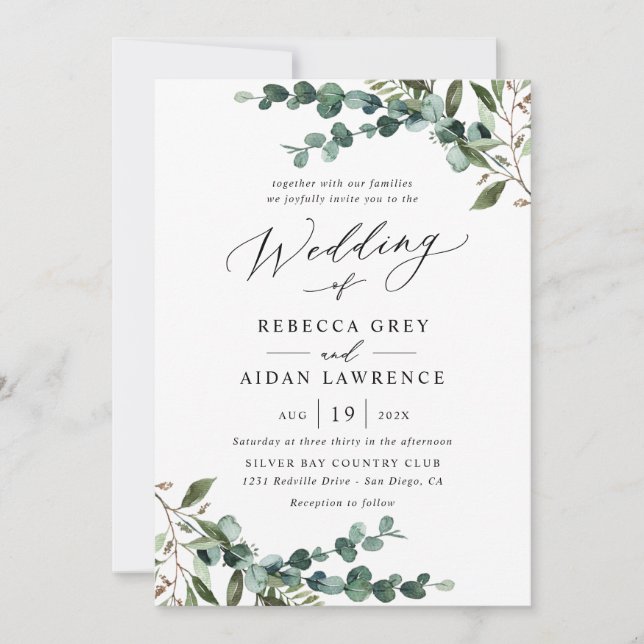 All-In-One Rustic Watercolor Greenery QR Wedding Invitation (Front)