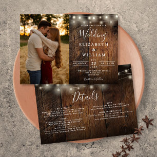 All In One Rustic Wood String Lights Wedding Photo Invitation