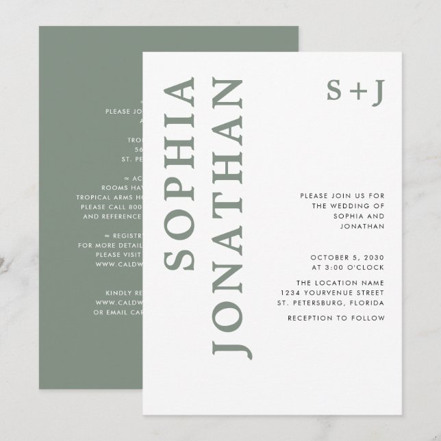 All in One Sage Green Bold Typography Wedding Invitation (Front/Back)