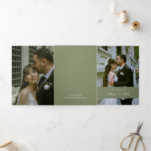All in One Sage Green French Floral w QR Wedding Tri-Fold Invitation