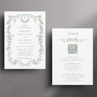 All in One Sage Green French Floral Wedding Invitation
