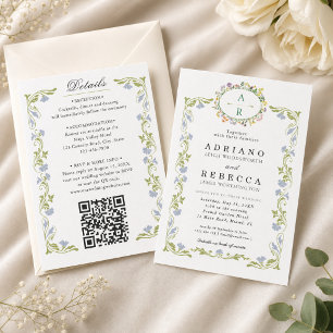 All in One Sage Green French Floral Wedding Invitation