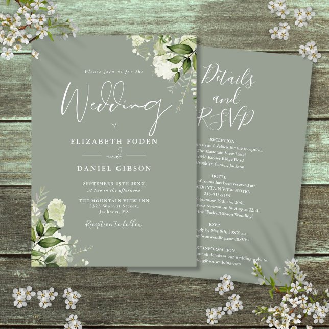 All In One Sage Green Greenery Floral Wedding Invitation (All In One Sage Green Greenery Floral Wedding Invitation)