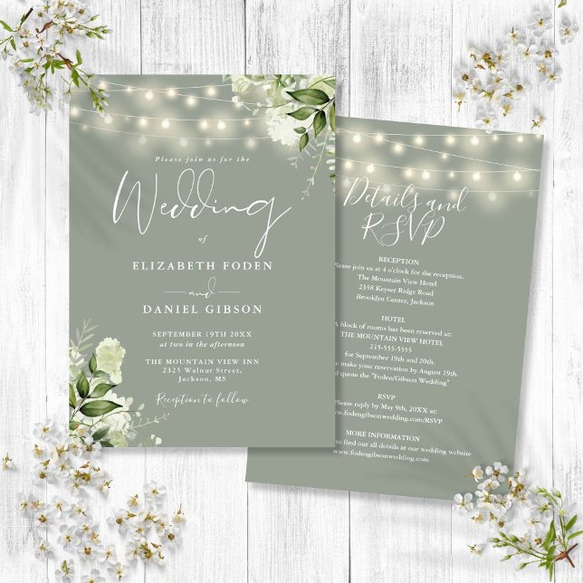 All In One Sage Green String Lights Floral Wedding Invitation (All In One Sage Green String Lights Floral Wedding Invitation)