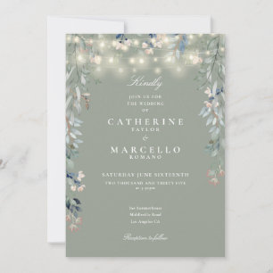 All In One Sage Green String Lights Floral Wedding Invitation