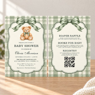 All in One Sage Green Teddy Bear Baby Shower Invitation