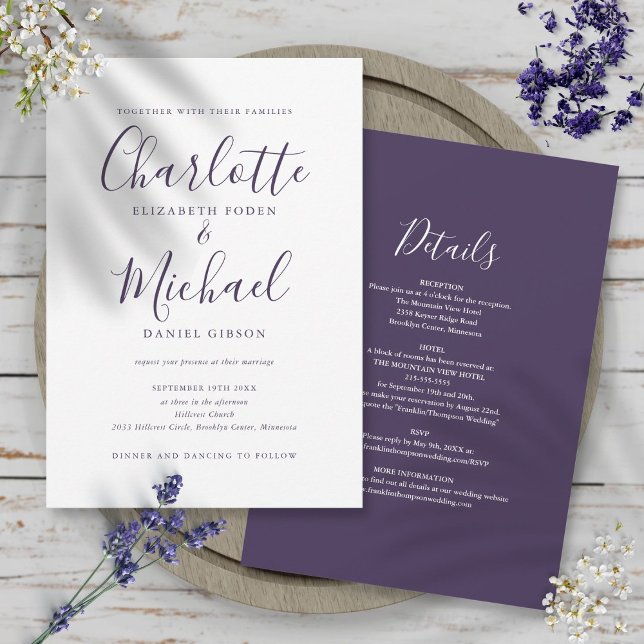 All In One Simple Elegant Purple Script Wedding Invitation (All In One Simple Elegant Purple Script Wedding Invitation)
