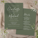 All In One Simple Elegant Script Olive Wedding Invitation<br><div class="desc">Featuring signature style names,  this elegant olive green wedding invitation can be personalized with all your special wedding day details on the reverse,  including your RSVP,  accommodation,  and additional details. Designed by Thisisnotme©</div>