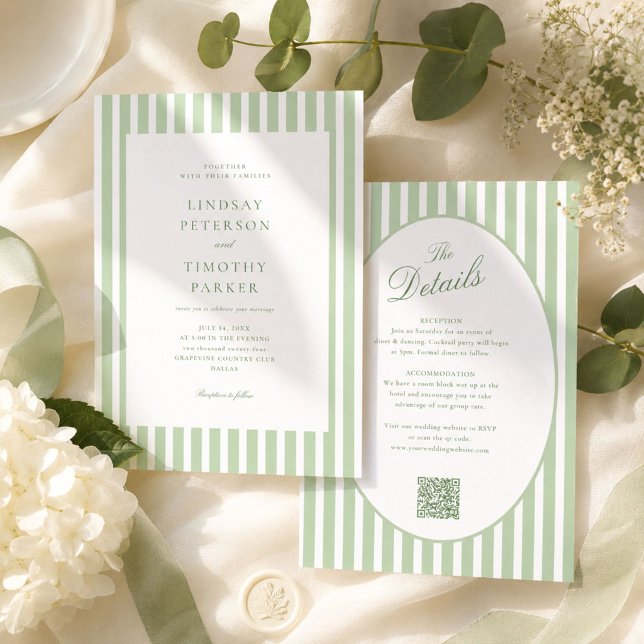 All In One Striped Sage Green Wedding Invitation (Creator Uploaded)