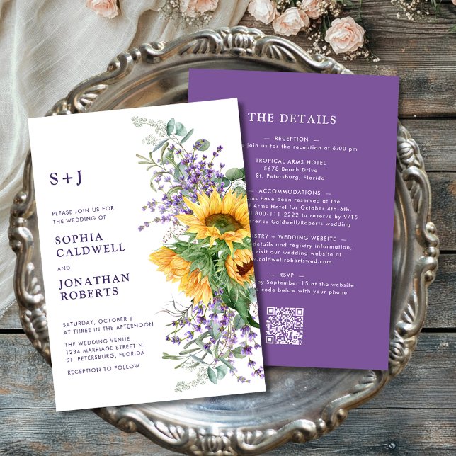 All in One Sunflower and Lavender Wedding Invitation (All in One Sunflower and Lavender Monogram Wedding Invitation)