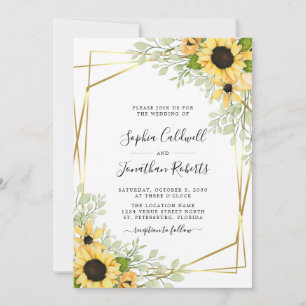 All in One Sunflowers Greenery Gold Wedding Invitation