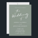 All in One Trendy Modern Calligraphy Sage Wedding Invitation<br><div class="desc">All in One Trendy Modern Calligraphy Script Sage Wedding Invitation... Our trendy "front and back" white on sage green wedding invitation features chic modern calligraphy script combined with serif and sans serif text for a simple classic wedding invitation. The back of the invitation contains all of the details you would...</div>
