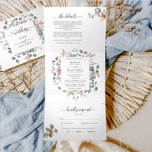 All in One Tri-Fold with RSVP "Blissful"  Wedding Invitation