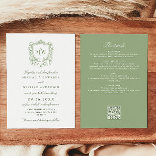 All In One Vintage Crest Monogram QR Code Wedding Invitation