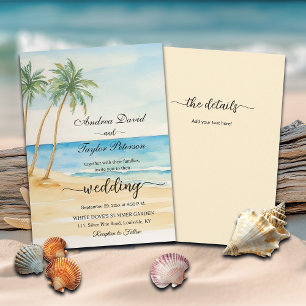 All in One Watercolor Beach and Palm Trees Wedding Invitation