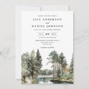 All In One Watercolor Lake Forest Woodland Wedding Invitation