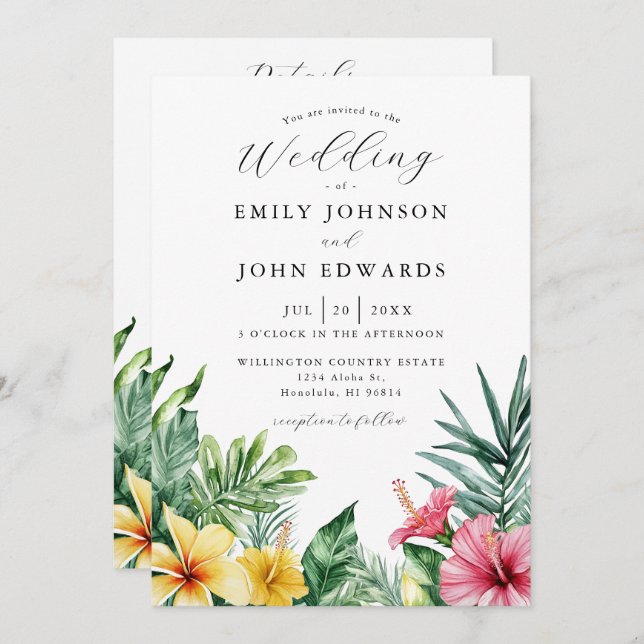 All In One Watercolor Tropical Flowers Wedding Invitation (Front/Back)