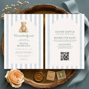 All in One We Can Bearly Wait Blue Stripes Invitation