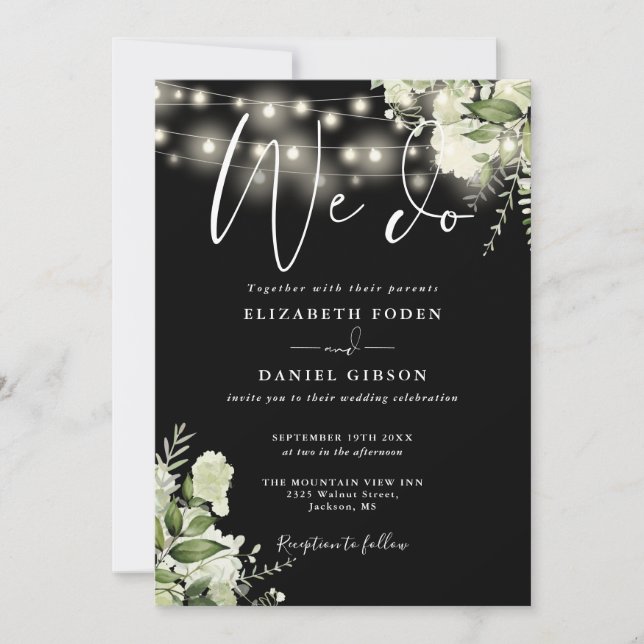 All In One We Do Floral String Lights Wedding Invitation (Front)