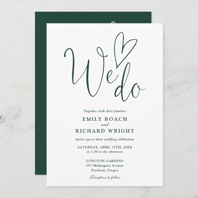 All In One We Do Heart Emerald Green Wedding Invitation (Front/Back)