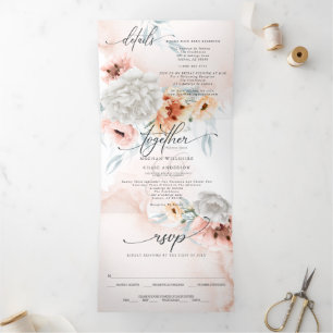 All in One Wedding Coral Flowers Tri-Fold Invitation