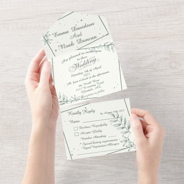 All in One Wedding Invitation and RSVP Green Leaf  (Tearaway)
