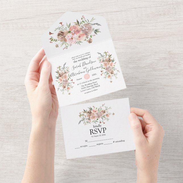 All In One Wedding Invitations Pink Mauve Floral (Tearaway)