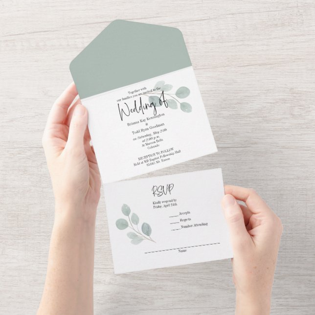 All in One Wedding Invite Minimal Green Eucalyptus (Tearaway)