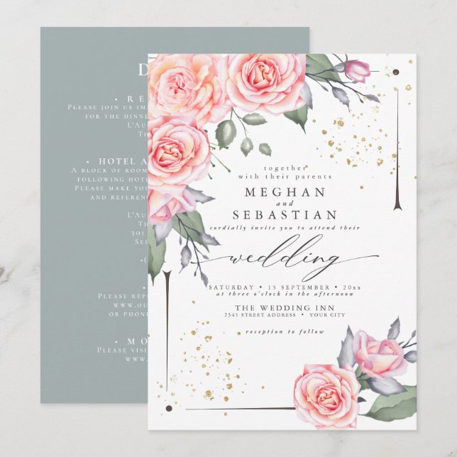 ALL in One  Wedding Watercolor Greenery Invitation (Front/Back)