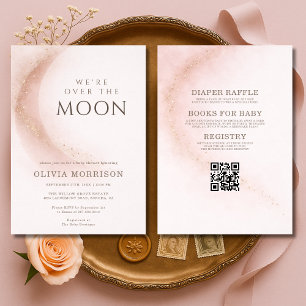 All in One We're Over The Moon Pink Baby Shower Invitation