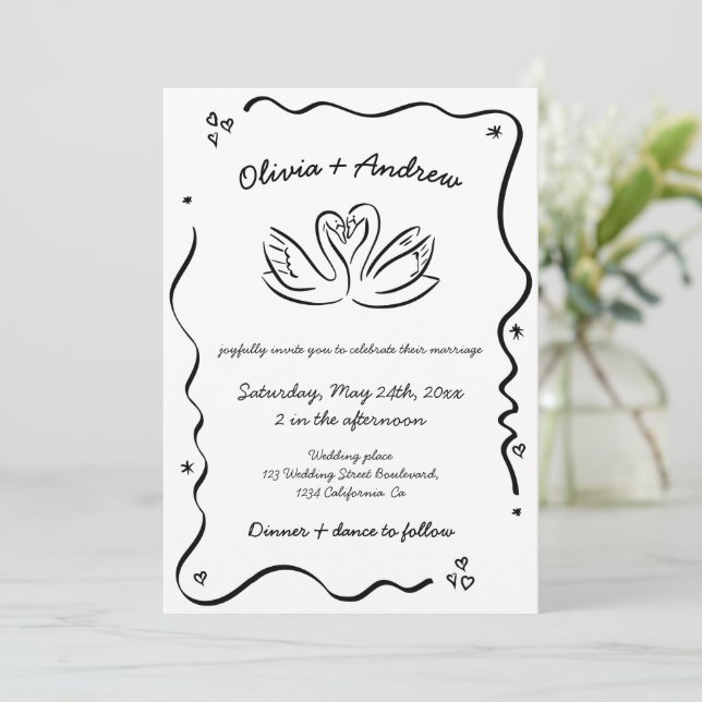 All in One Whimsical Funky Hand Drawn Wedding  Invitation (Standing Front)