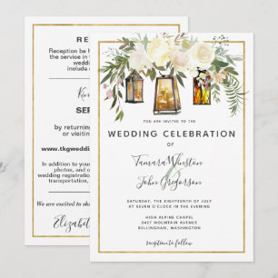All In One White Peonies Rustic Gold Lanterns Invitation
