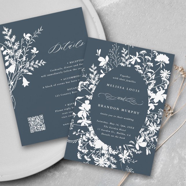 All In One Wildflower Frame Wedding Navy & White Invitation (Front & Back)