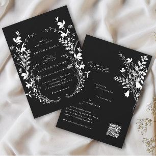 All In One Wildflower Wreath Black Wedding Invitation