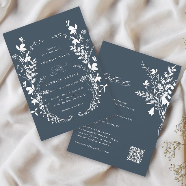 All In One Wildflower Wreath Navy Wedding  Invitation (Front & Back)