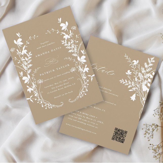 All In One Wildflower Wreath Tan Wedding  Invitation (Front & Back)