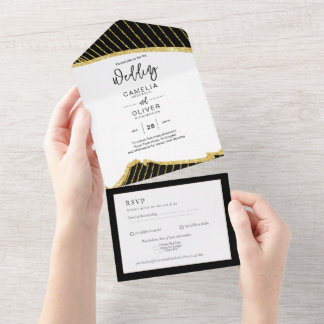 All Inclusive 3 Black Gold Themed Wedding RSVP  In One Invitation