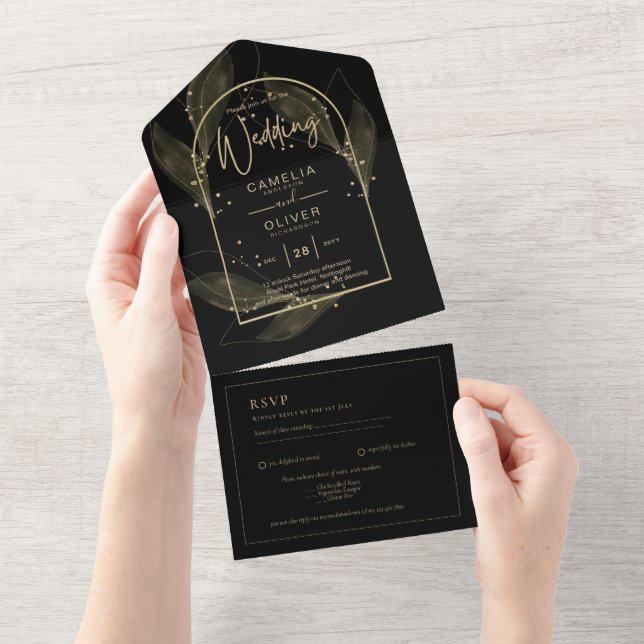 All Inclusive Black Gold Elegant Weddinng RSVP All In One Invitation (Tearaway)