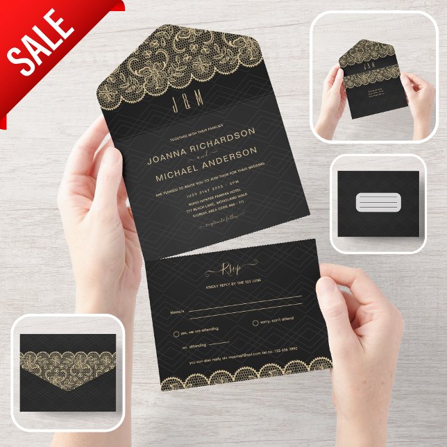 All Inclusive Black Gold Lace Wedding with RSVP All In One Invitation (Creator Uploaded)