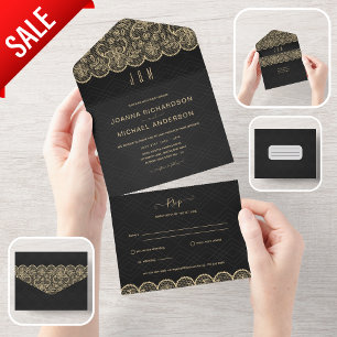 All Inclusive Black Gold Lace Wedding with RSVP In One Invitation