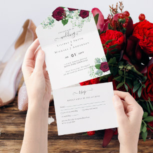 All Inclusive Deep Red Roses Wedding RSVP In One Invitation