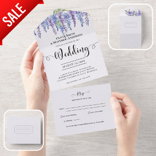 All Inclusive Purple Wisteria Floral Wedding RSVP In One Invitation