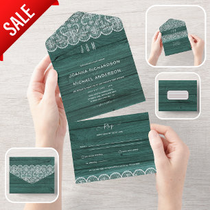 All Inclusive Rustic Green Lace Wedding with RSVP In One Invitation