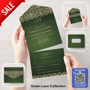 All Inclusive Rustic Green Lace Wedding with RSVP In One Invitation