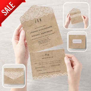 All Inclusive Rustic Lace Wedding with RSVP In One Invitation